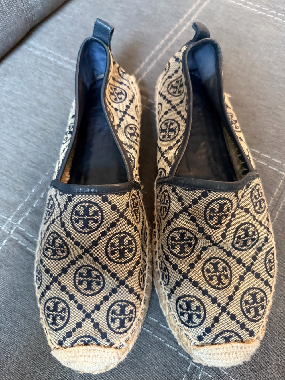 Tory Burch Tan and Black Logo Espadrille Slip-Ons
